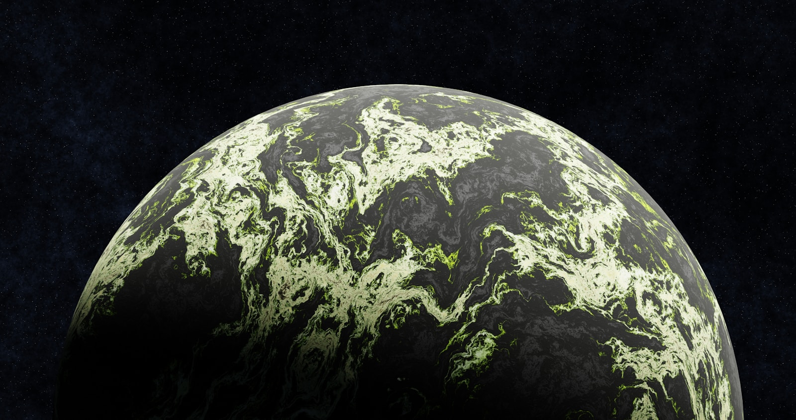 A green and black object with a black background